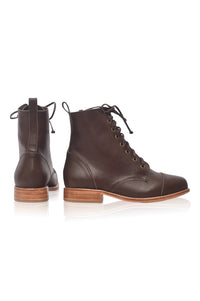 A pair of dark brown leather lace-up ankle boots with low stacked heels and pull tabs, shown from both front and side angles on a white background.