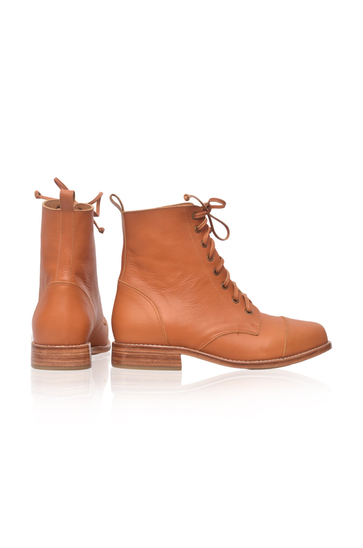 A pair of tan leather lace-up ankle boots with low block heels, shown from the side and back on a white reflective background.