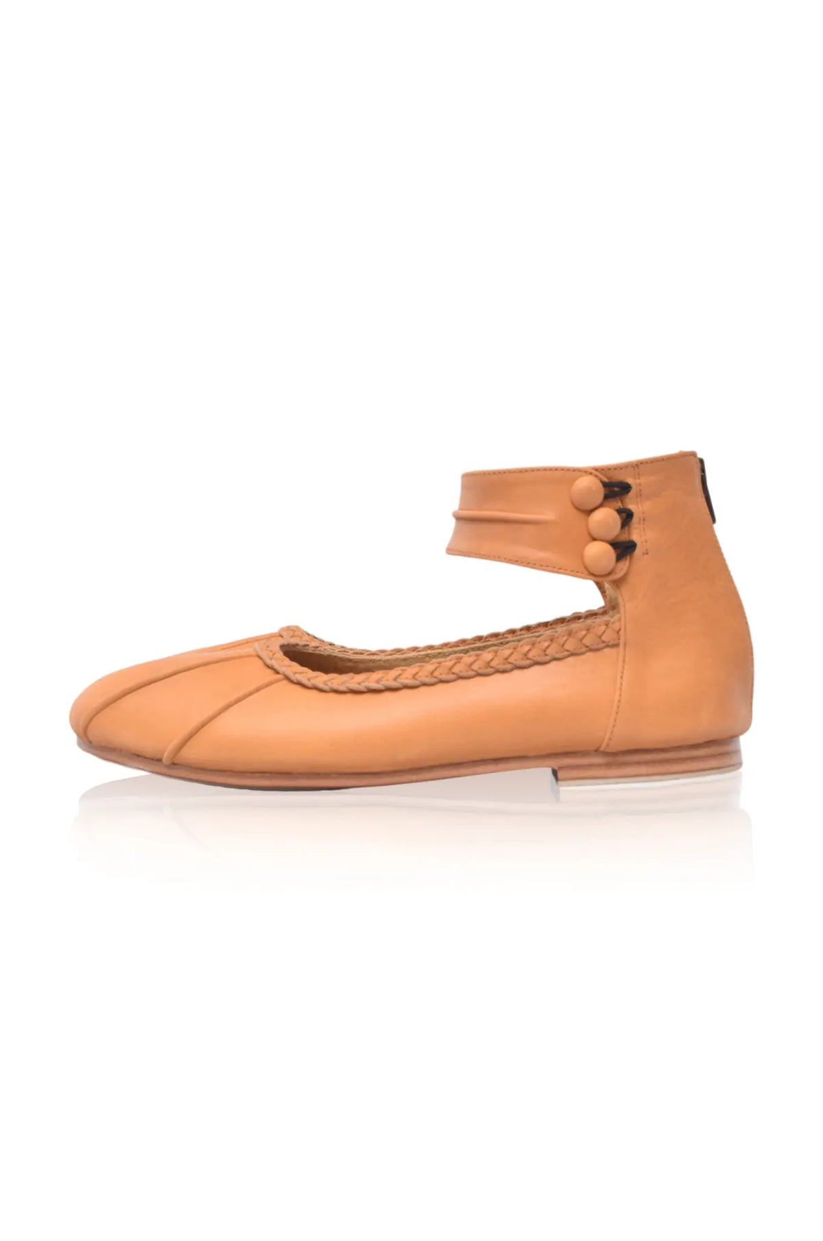 Dark tan ankle-strap leather ballet flats, sole detail — handmade by Bali ELF