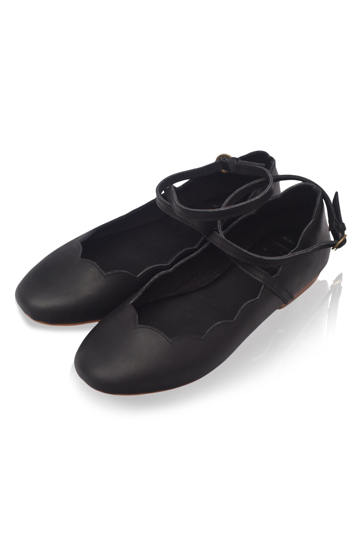 Pair of black shoes with lace-up design on a white background