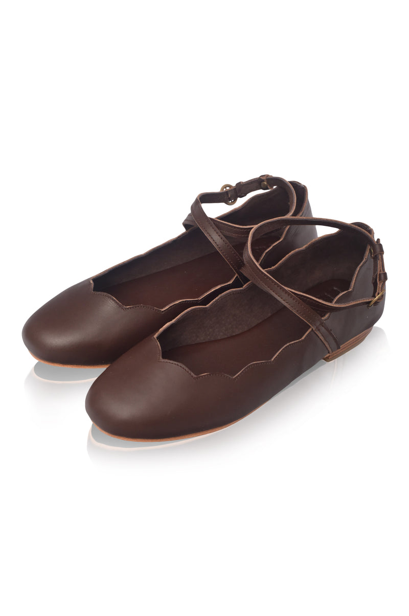 Pair of brown leather shoes with a strap on a white background