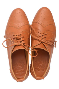 Pair of brown leather shoes with laces on a white background