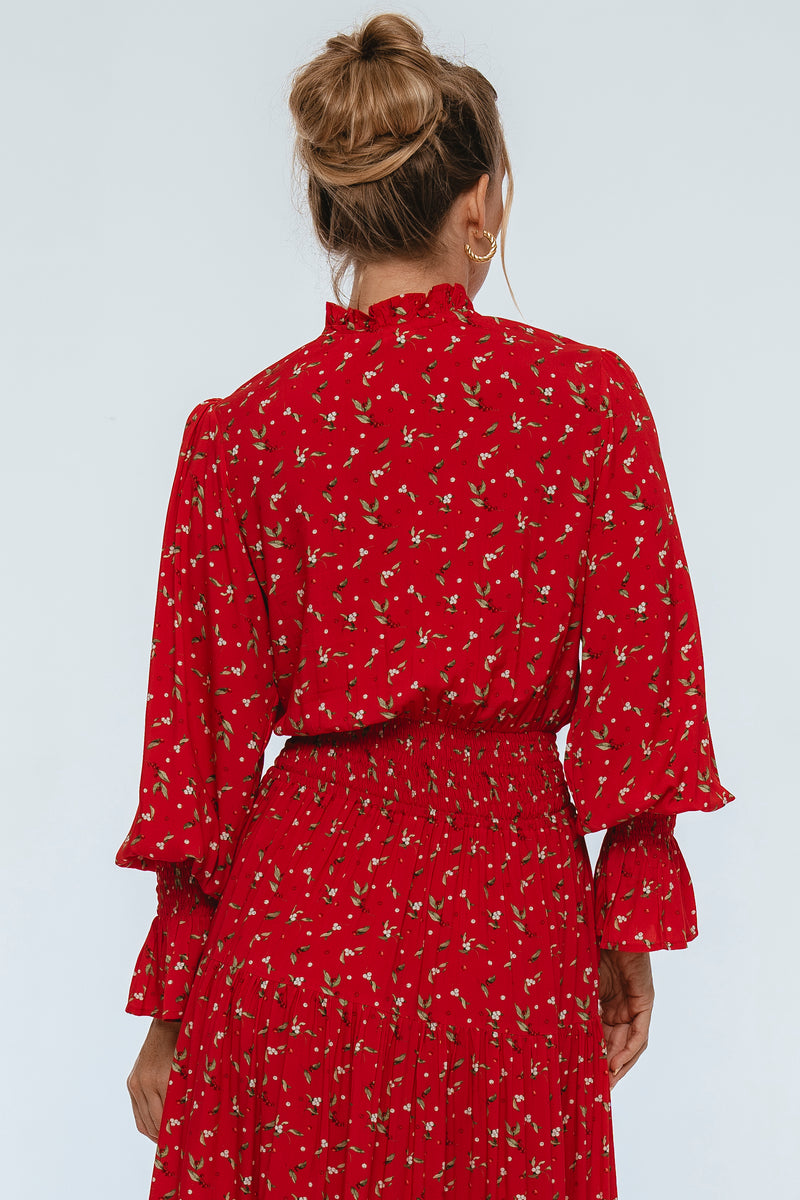 Red patterned dress worn by a person on a white background