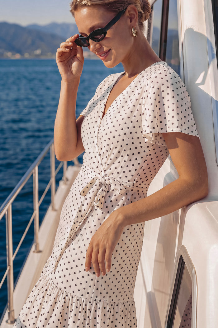 Woman in a polka dot dress on a boat with ocean view