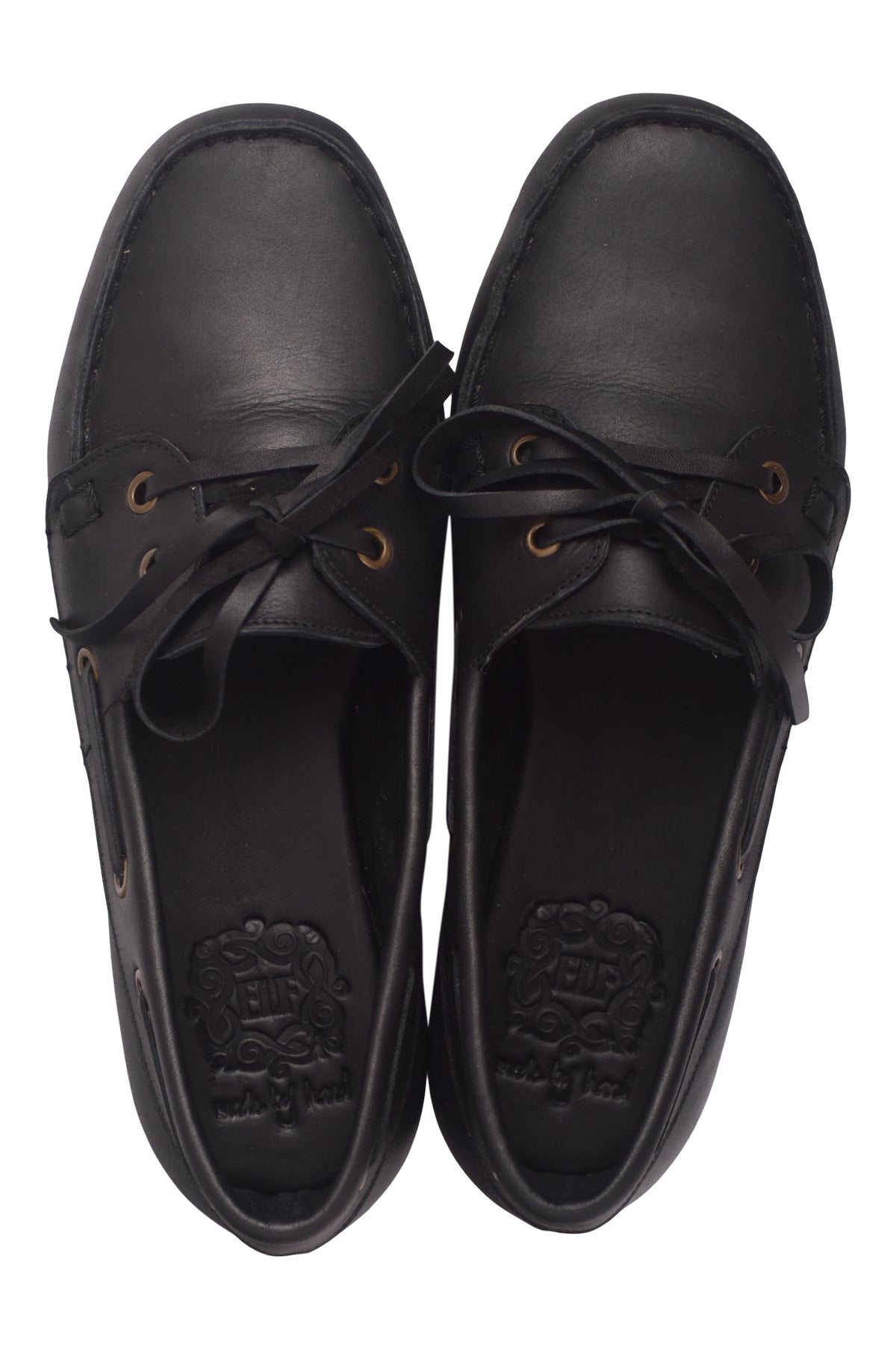 Pair of black leather shoes on a white background