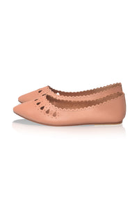 A pair of peach-colored pointed-toe flats with scalloped edges and decorative cutouts, shown from a side profile on a white background.