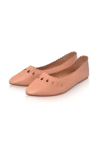 A pair of peach-colored leather ballet flats with scalloped edges and decorative cutouts on the toes, shown on a plain white background.