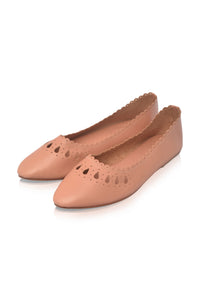 A pair of women's pointed-toe flats in a warm tan leather, featuring decorative laser-cut details on the toe and a scalloped edge at the heel, shown on a white background.
