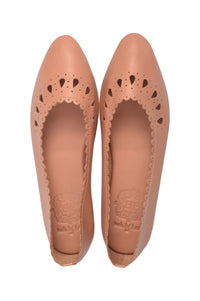 A pair of tan leather ballet flats with scalloped edges and decorative cutouts on the toe area, shown from a top-down view on a white background.