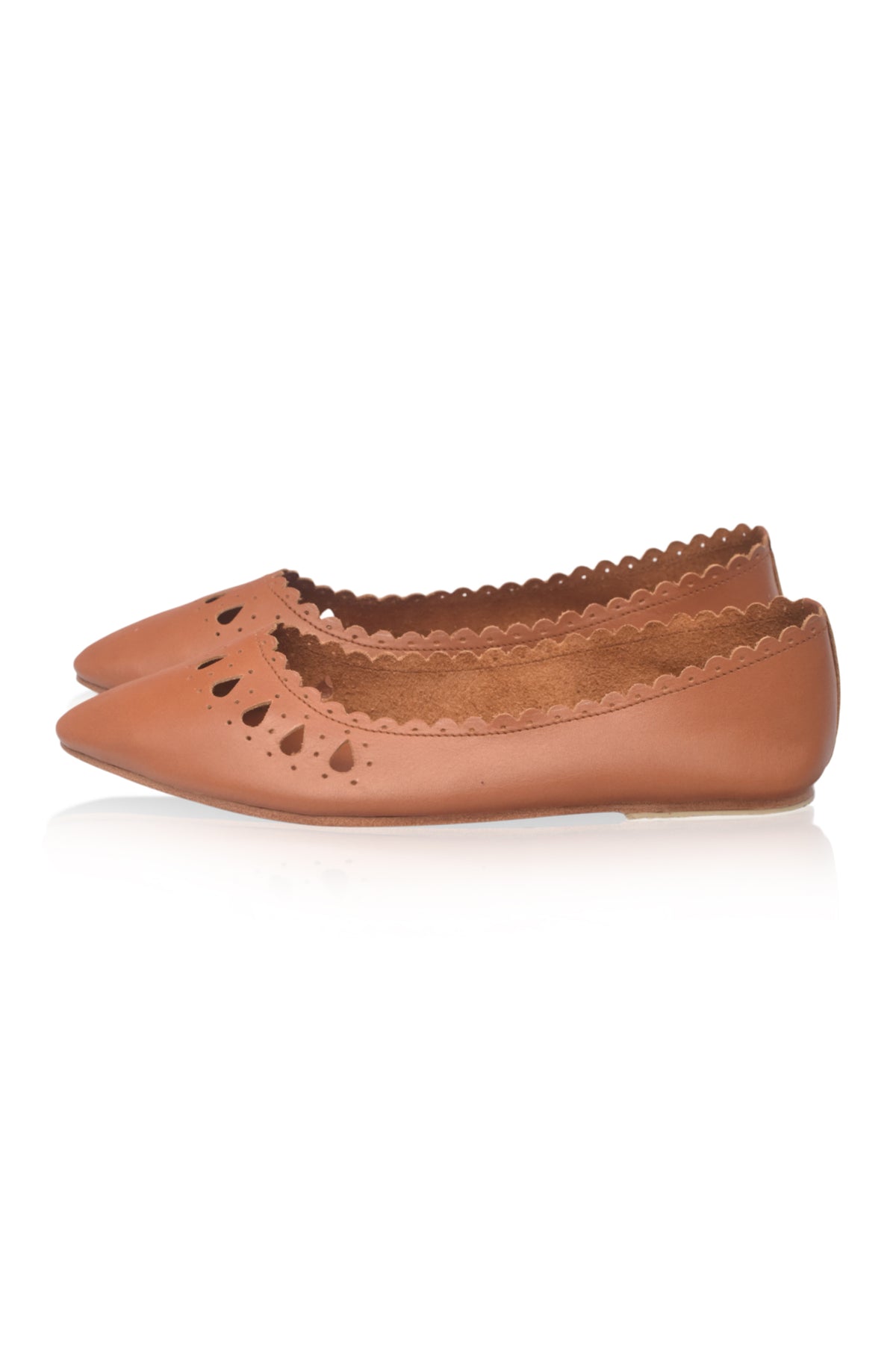 A pair of tan leather pointed-toe flats with decorative scalloped edges and small cutout details on the sides, shown against a plain white background.