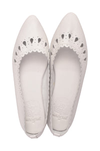 A pair of white pointed-toe flats with decorative scalloped cutout detailing across the vamp, shown from a top-down view on a white background.