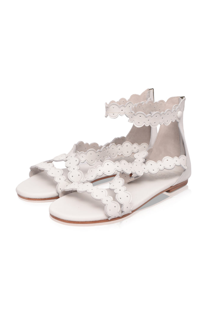 White scalloped criss-cross leather sandals, pair — handmade by Bali ELF