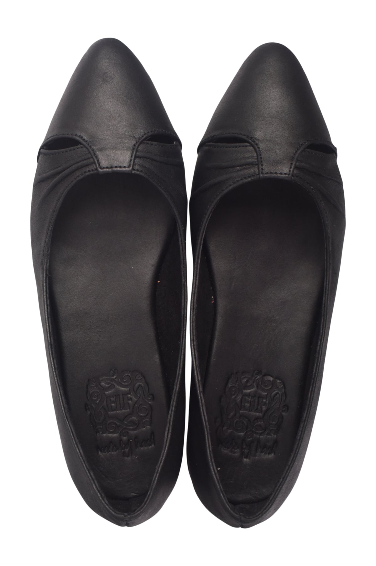 Pair of black pointed-toe shoes on a white background