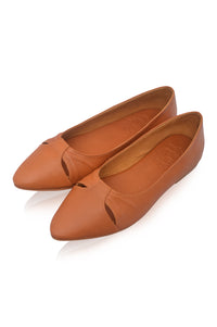 Pair of brown pointed-toe flats on a white background