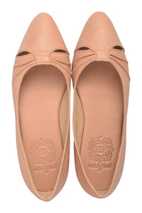 Pair of beige flat shoes with a brand logo on a white background