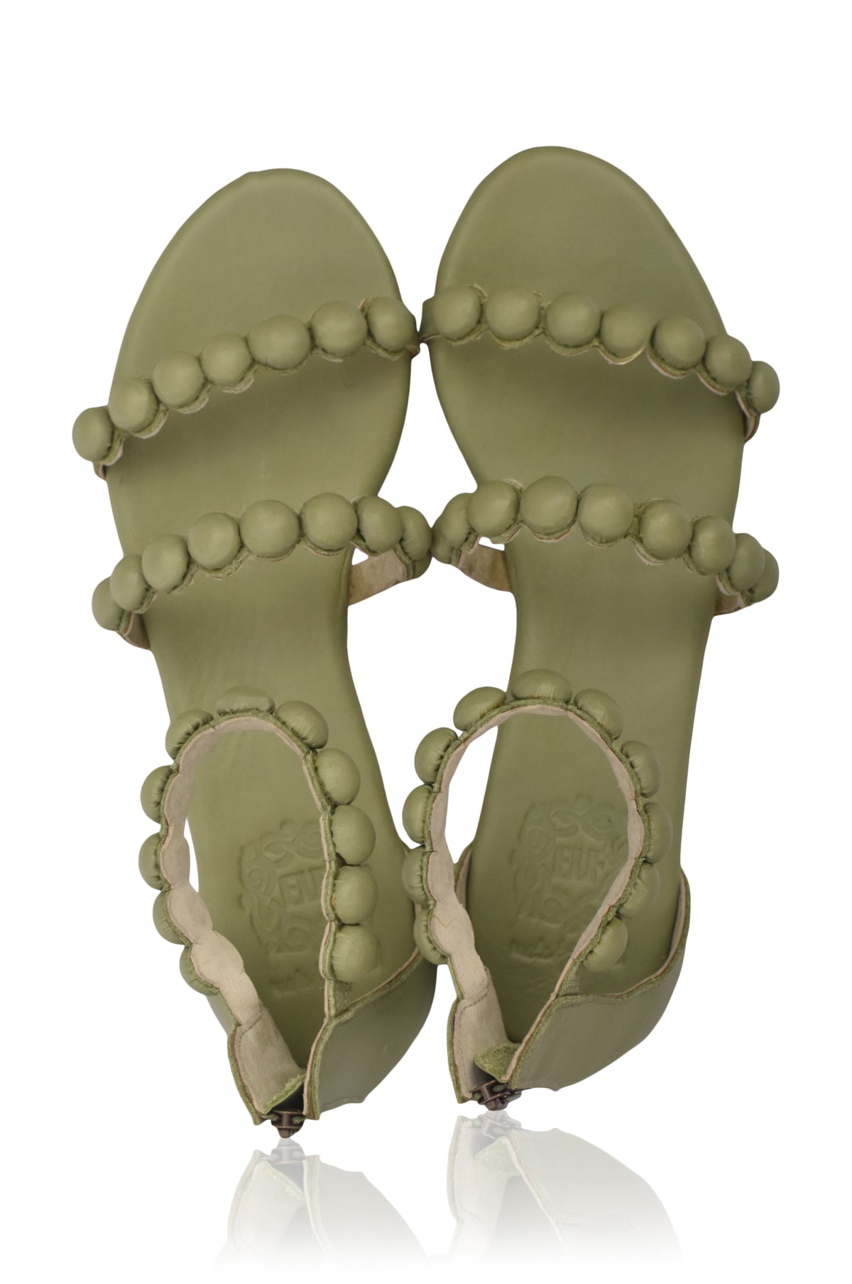 Olive green leather sandals, leather sole detail — handmade by Bali ELF
