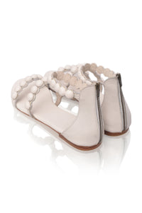 White leather sandals, strap detail — handmade by Bali ELF