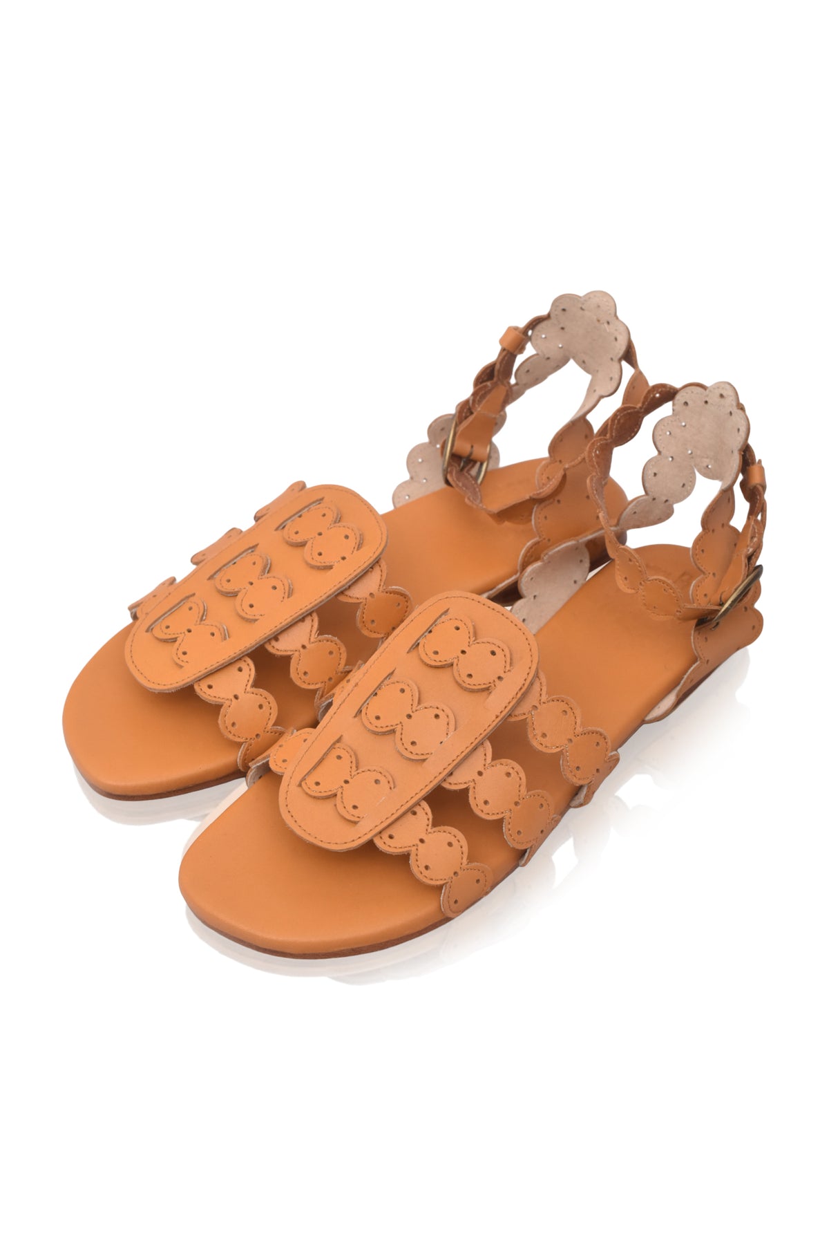 Light tan scalloped leather sandals, scalloped edge detail — handmade by Bali ELF