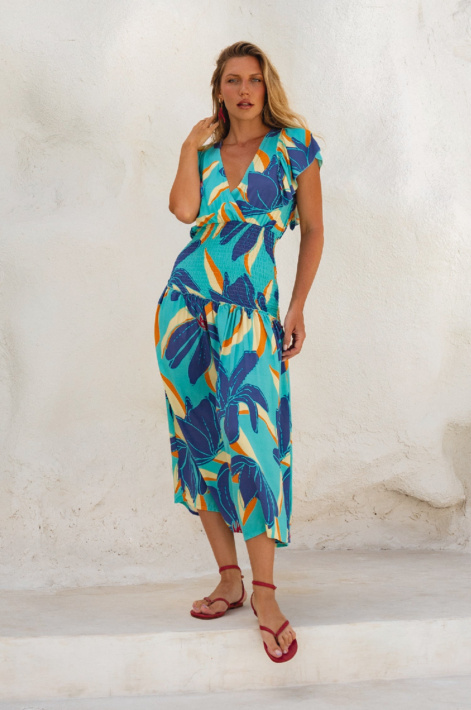 Sunshine Bohemian Midi Dress - Blue Hibiscus / M Sunshine. Bohemian Midi Dress in Floral Print – ELF
