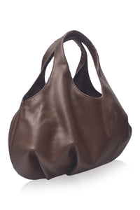 Brown leather handbag on a white background