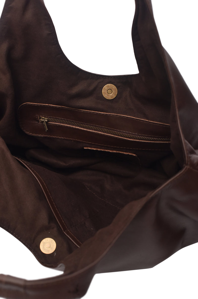 Brown leather bag with gold buttons on a white background