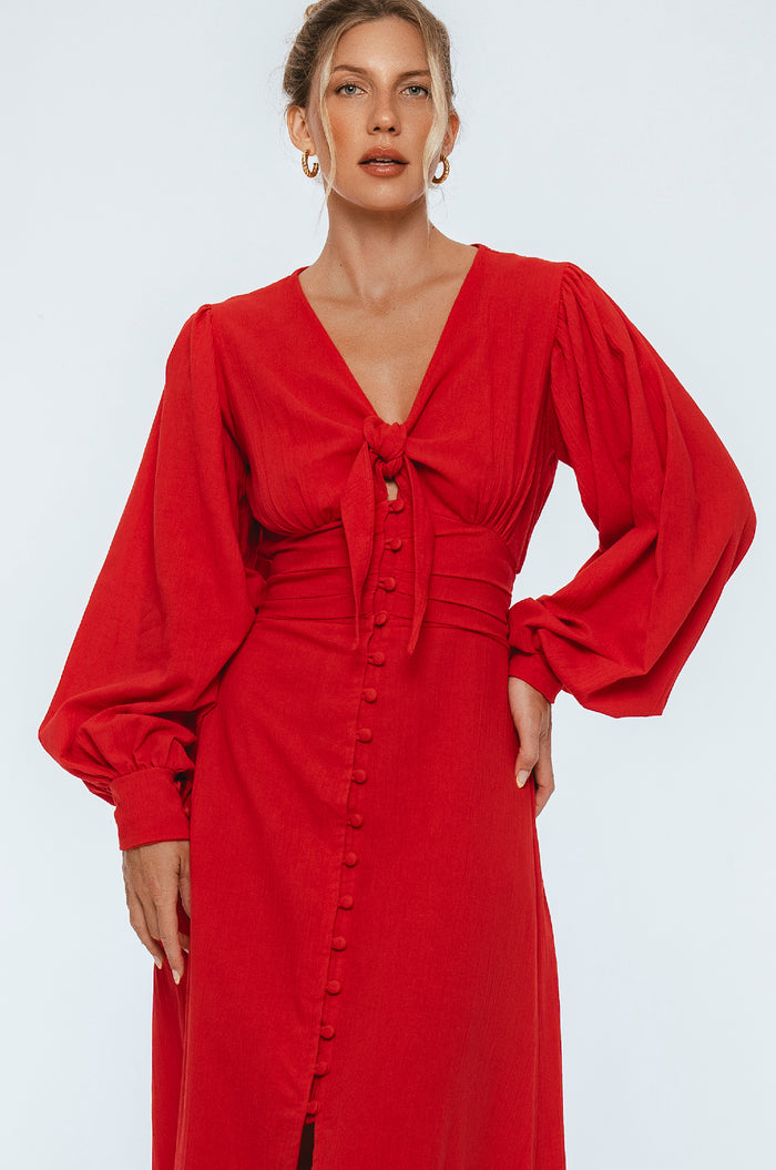 Velvet Sky Long Sleeve Linen Midi Dress