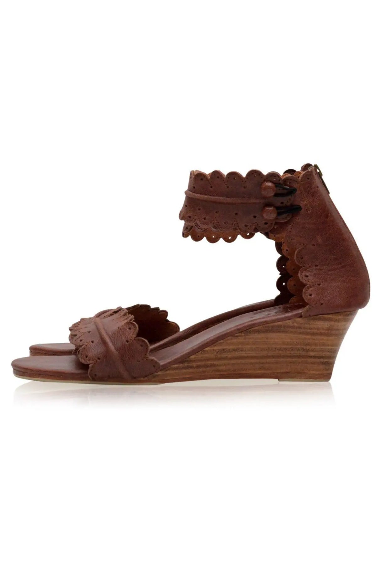 Ivory scalloped leather wedge sandals, side profile — handmade by Bali ELF
