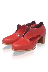 Red high-heeled shoes on a white background