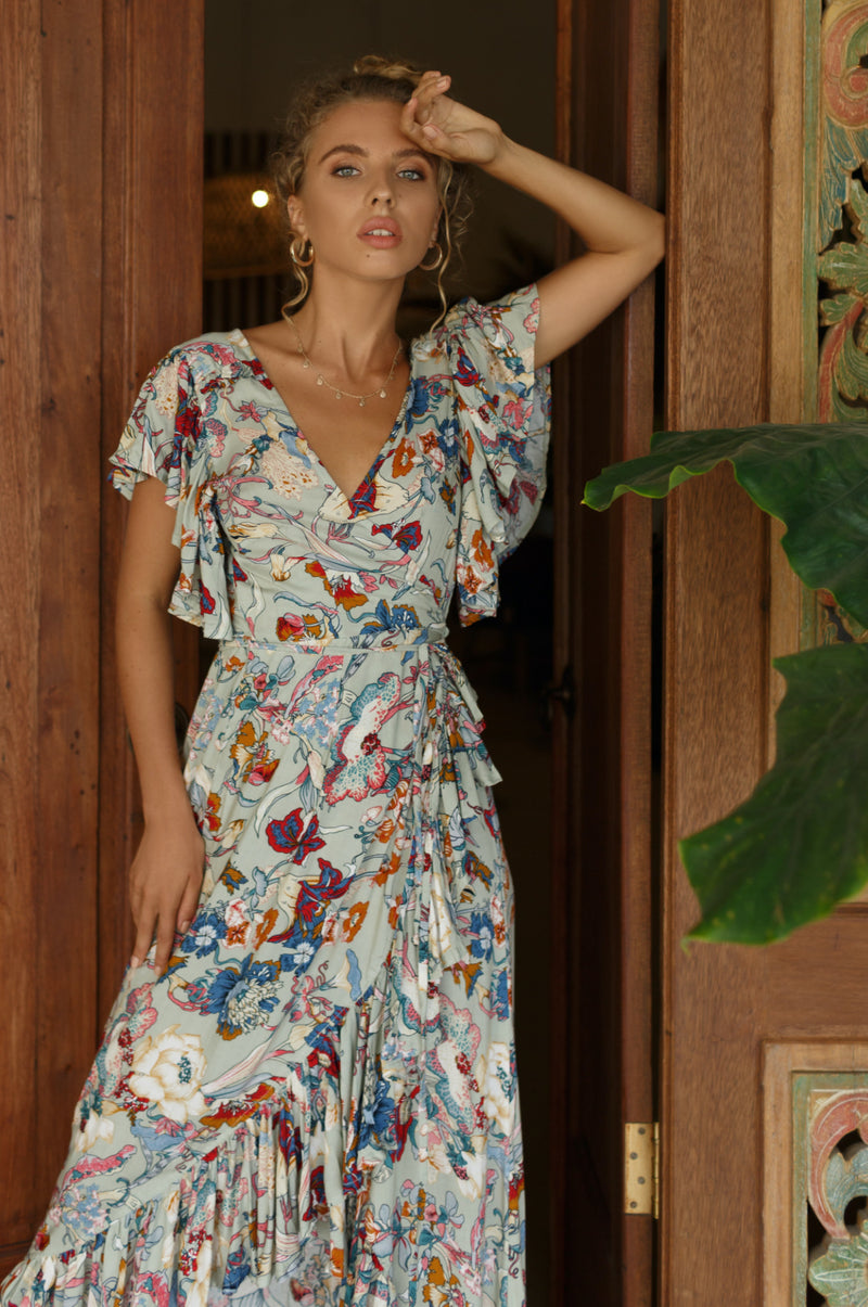 Carmen. Divine bohemian wrap maxi dress in floral print – ELF