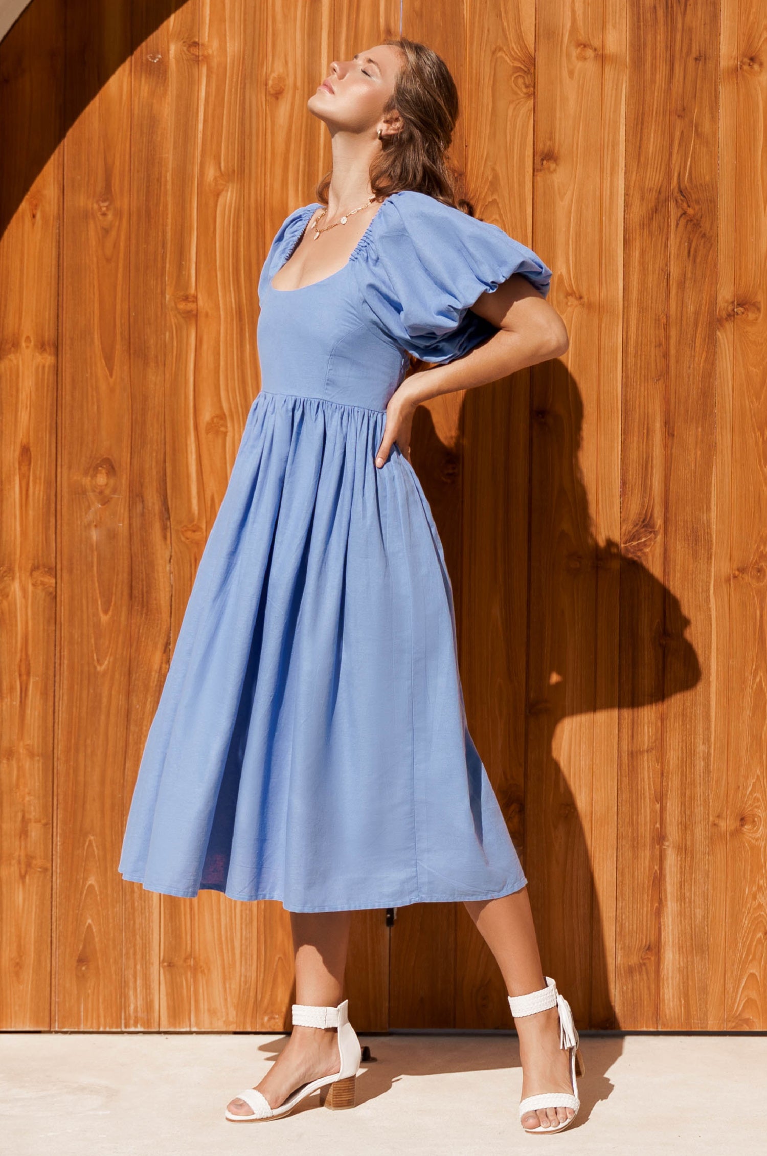 Cherie Puff Sleeve Linen Midi Dress | Bali ELF