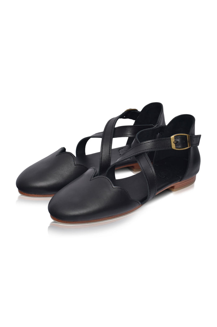 Tan cross-strap leather ballet flats — handmade by Bali ELF