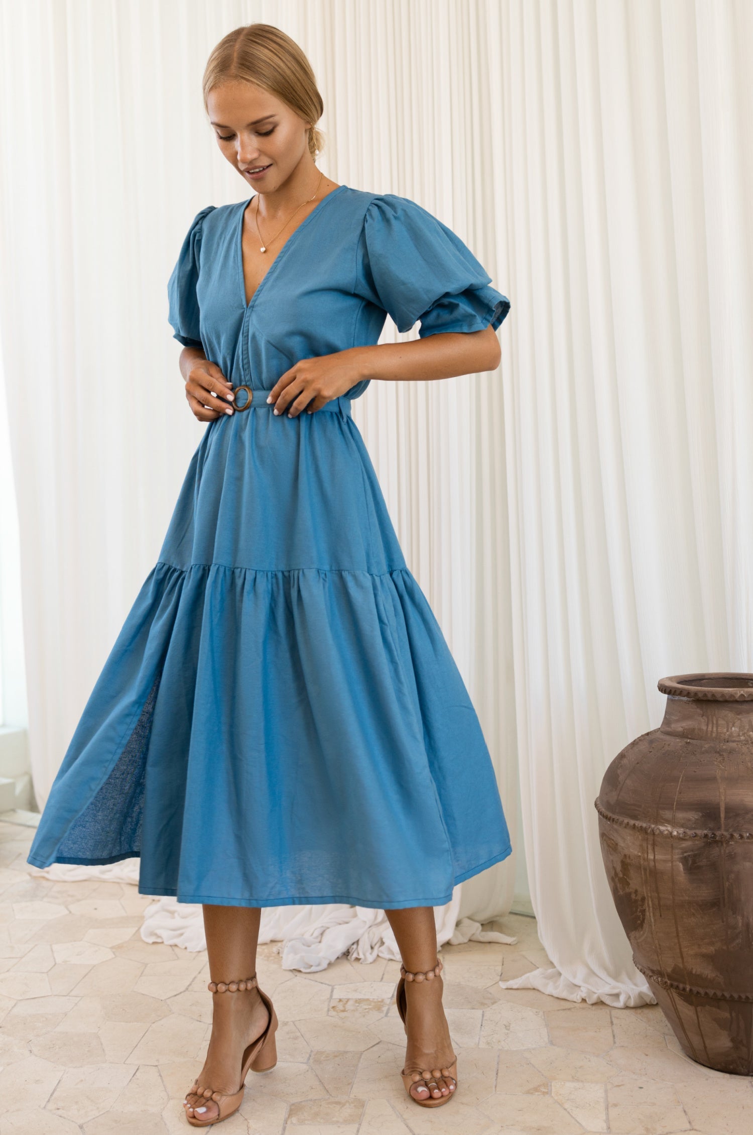 Peony. White midi dress in organic linen with ruffled gathered
