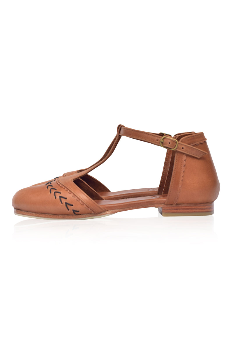 WONDERLAND. Handmade T strap Leather Flats ELF